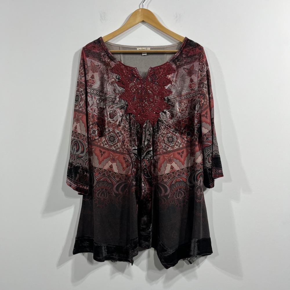 One World Velvet‎ Artsy Renfair Crochet Lace Asymmetrical Tunic Top Large Boho